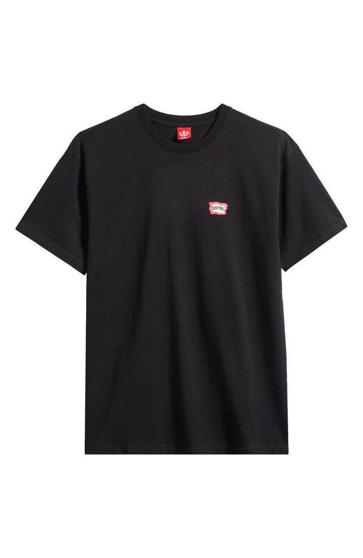 Black t-shirt with a small red logo