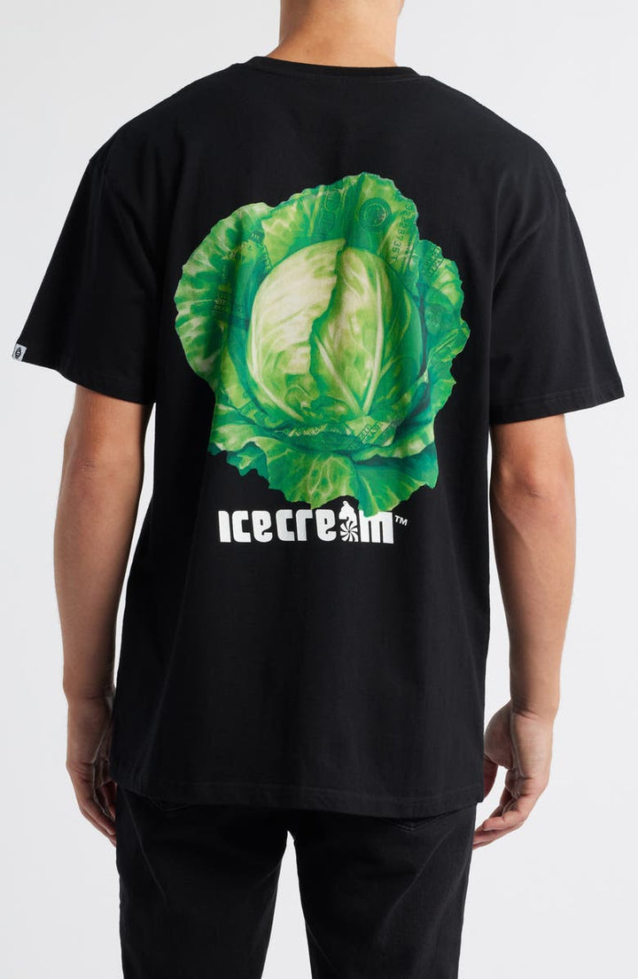 Black t-shirt with a green cabbage graphic and 'Icecream' logo on the back