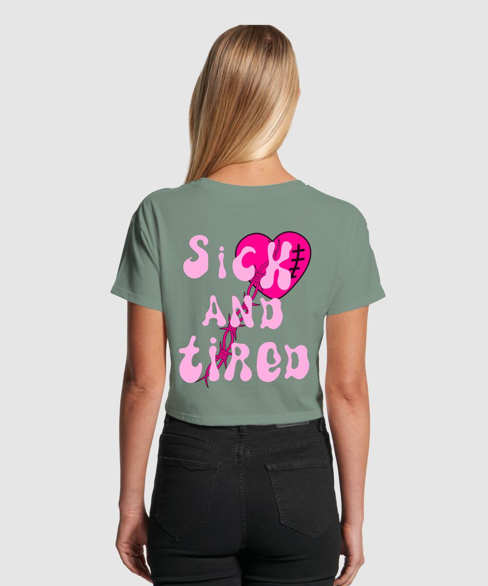 G West Womens Sick and Tired Crop T Shirt Sage