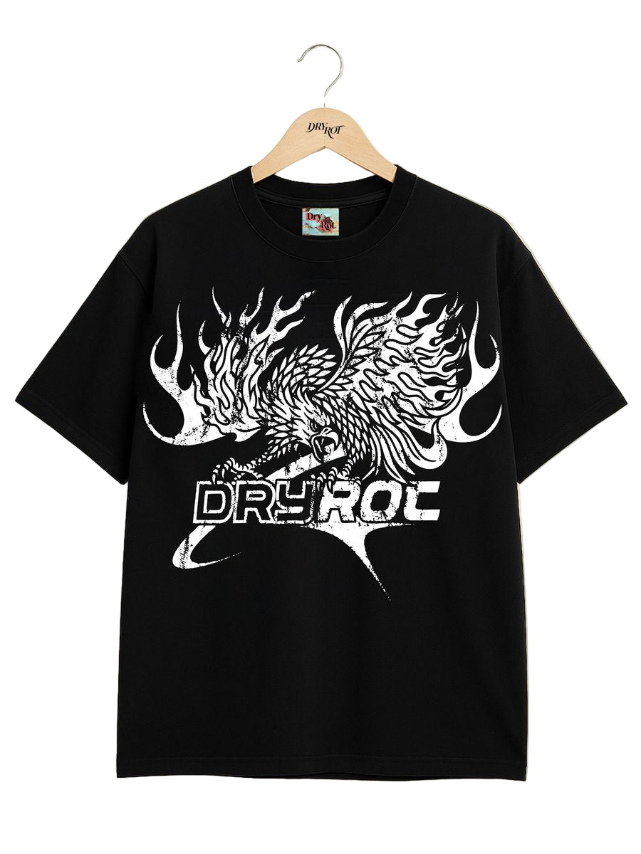 Black t-shirt with white graphic design and 'DRYROT' text on a hanger against a white background
