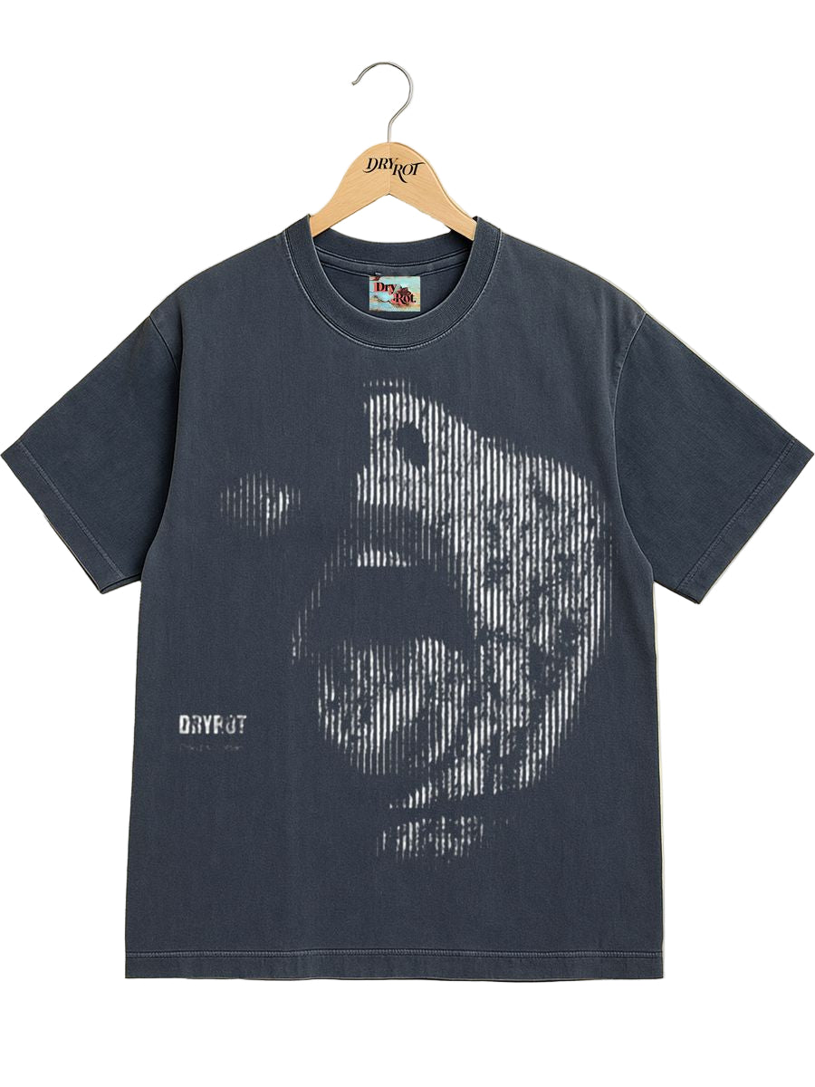 Grey t-shirt with graphic design of woman with tongue out 