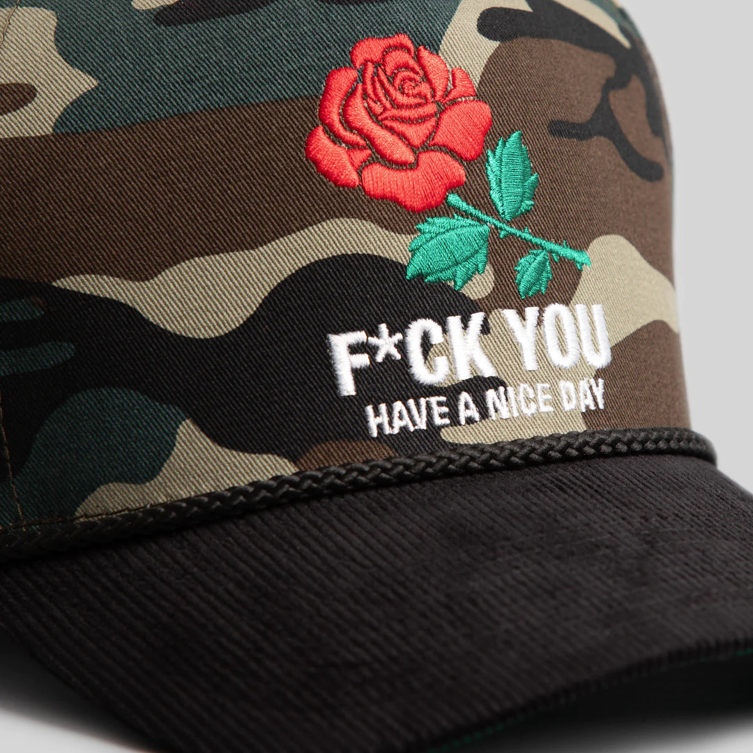 HAVE A NICE DAY CAMO/BLACK TRUCKER HAT