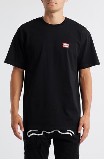 black t-shirt with a small red logo 