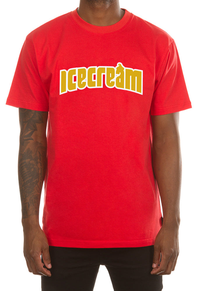 Red t-shirt with 'Icecream' logo 