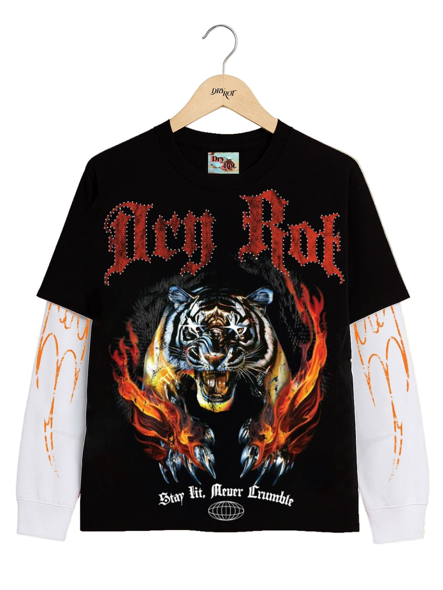 Black t-shirt with a tiger graphic and fiery design