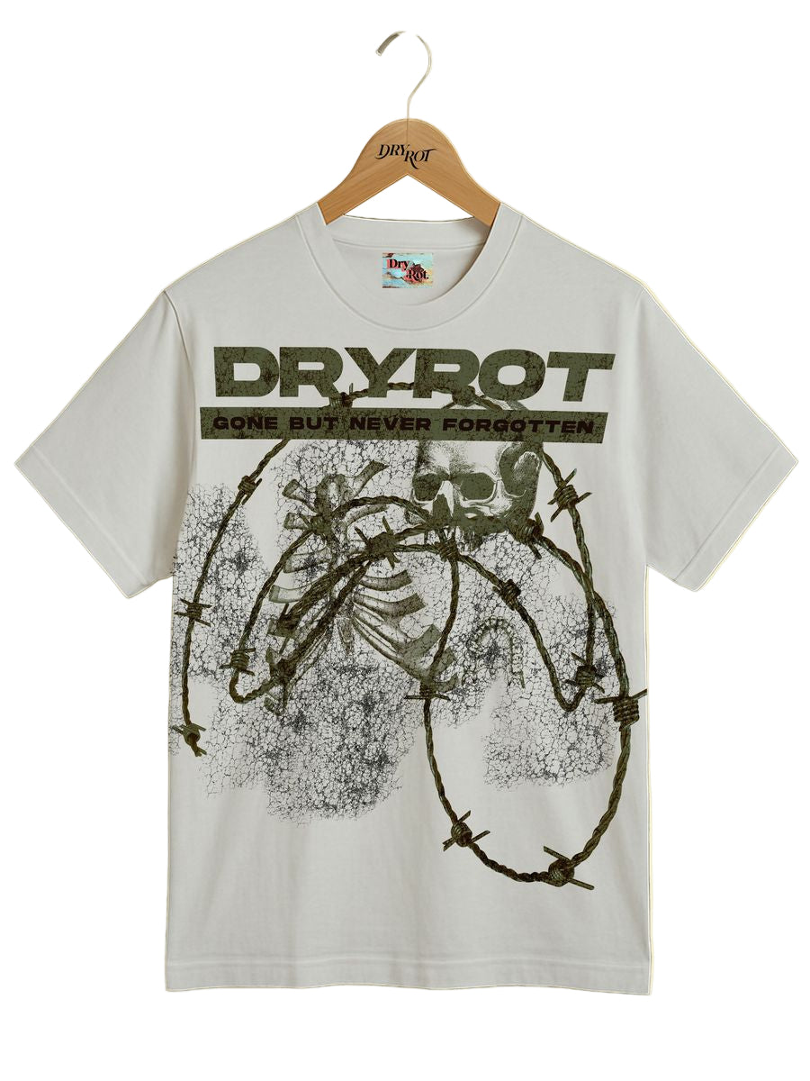 White t-shirt with barbed wire design and 'Dryrot' text